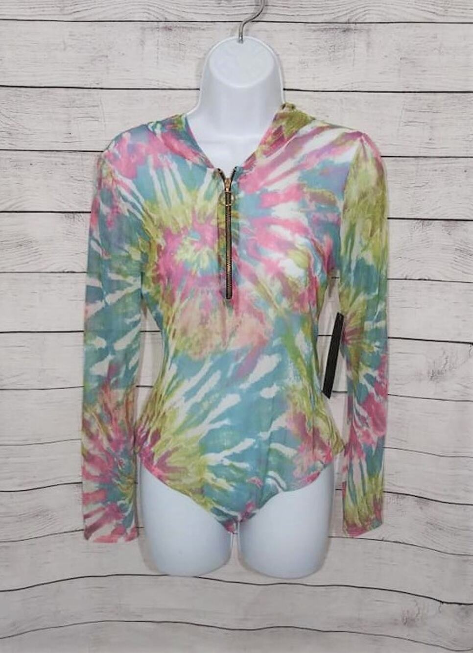 Minette Rainbow Tie Dye Semi Sheer Hoodie Bodysuit Sz Medium